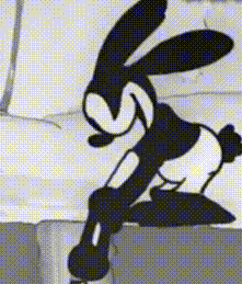 Oswald the Lucky Rabbit looping gif. He is leaned over, and he looks to the camera quickly and winks