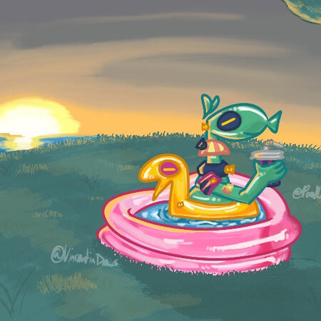 A sentient inflatable of a vague animal species named Sammy holds a cup and floats in a pink, heart shaped inflatable kiddy pool. The pool sits on a hill with an ocean and sunset in the background