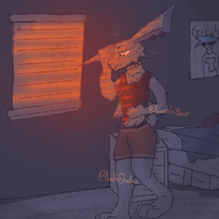 My oc Xay, a tall albino hare in red shorts and a black tank top stands in a dark bedroom early in the morning. The morning sunrise filters onto him through some blinds