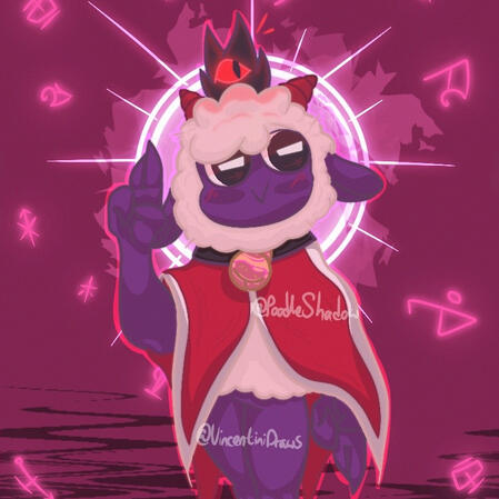 The Lamb from the game Cult of the Lamb, bearing a tall four spiked crown with a red eye, a bell collar, and a red fleece. They float in the middle of the canvas with symbols surrounding them and a divine light behind them